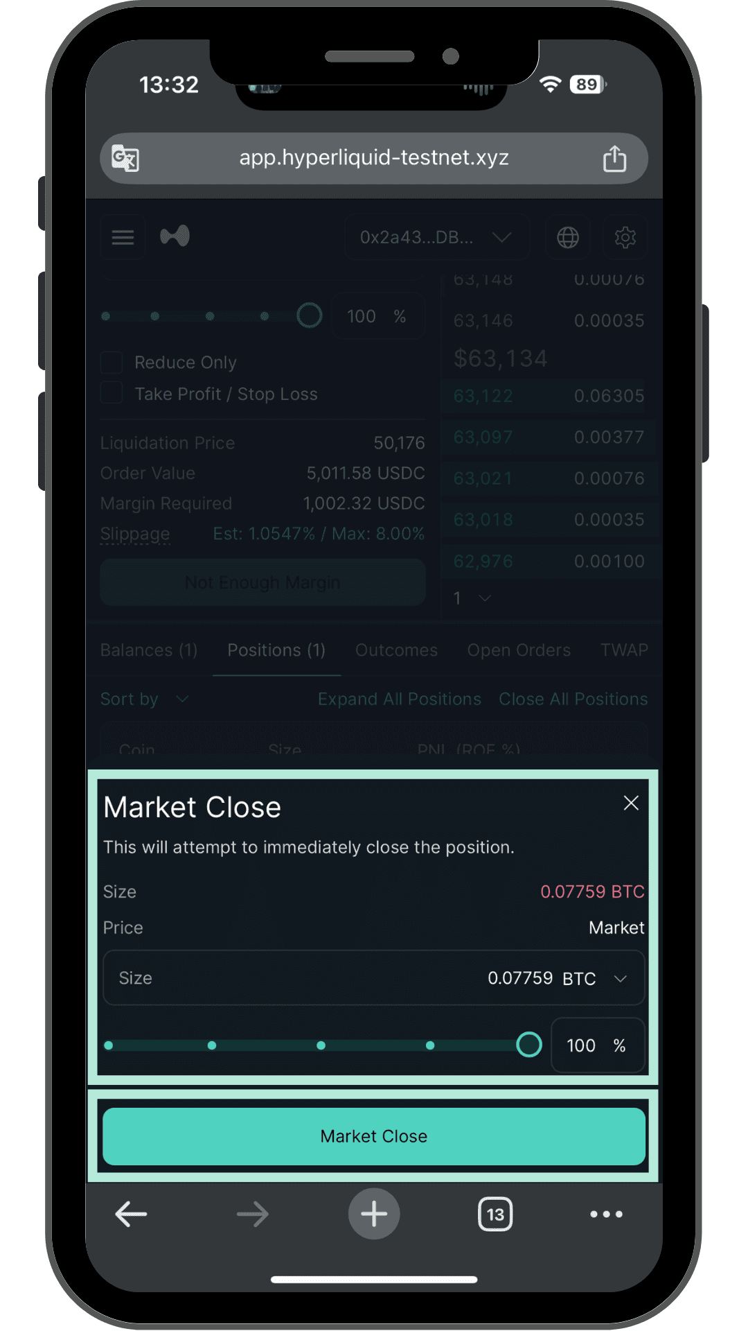 Market Closeでポジションを決済する画面