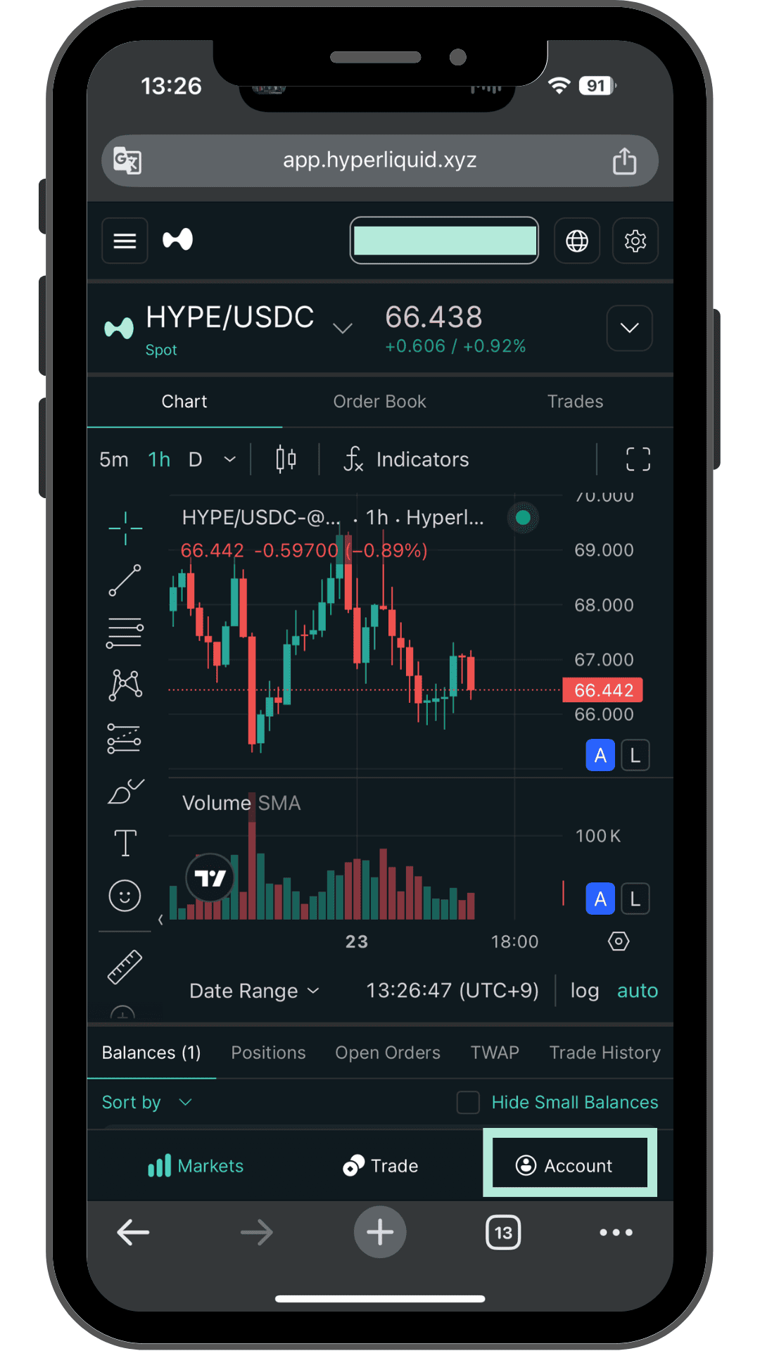 HYPE USDCのSpot画面 下部のAccountタブ