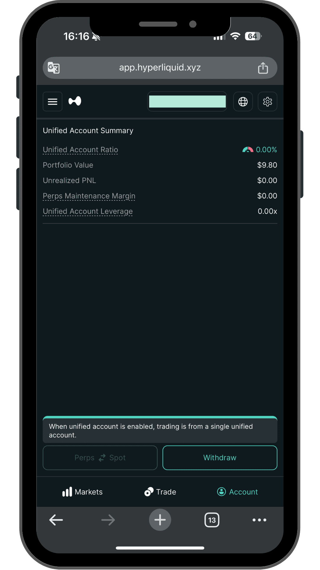 Unified Account Summary画面 Perps Spotの切替がグレーアウト