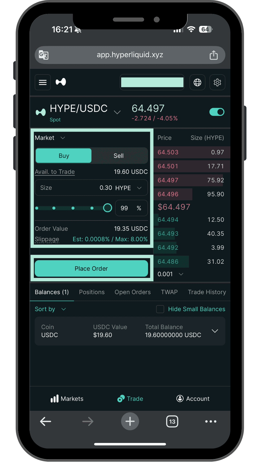 HYPE USDCの注文パネル Market Buy サイズ入力とPlace Order
