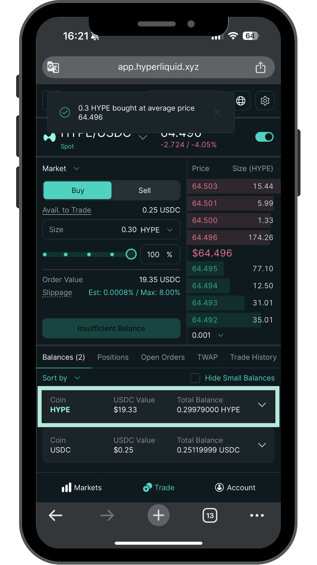 HYPE購入の約定通知とBalancesにHYPEが反映された画面