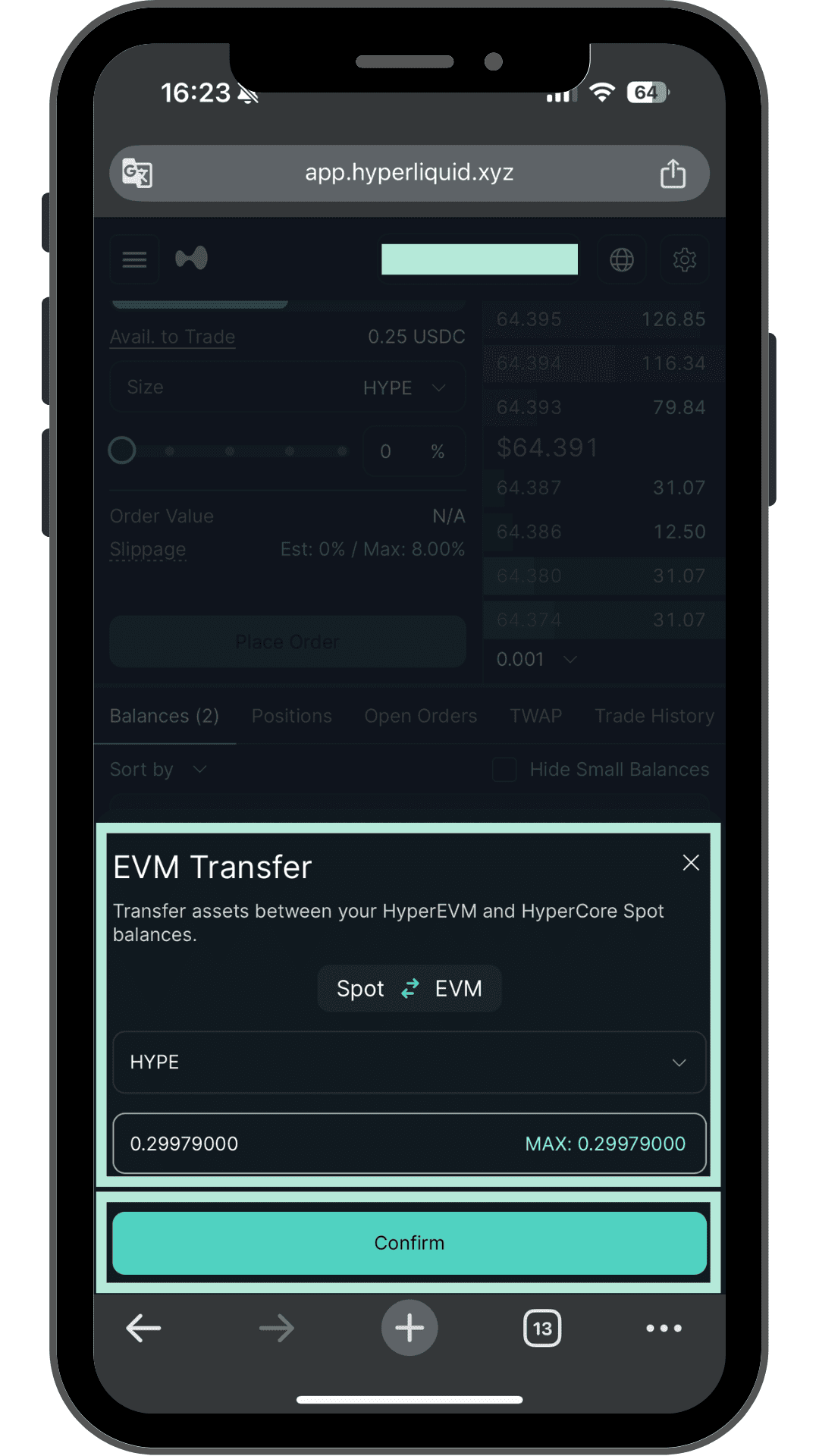 EVM Transferモーダル SpotからEVM HYPEの数量入力とConfirm