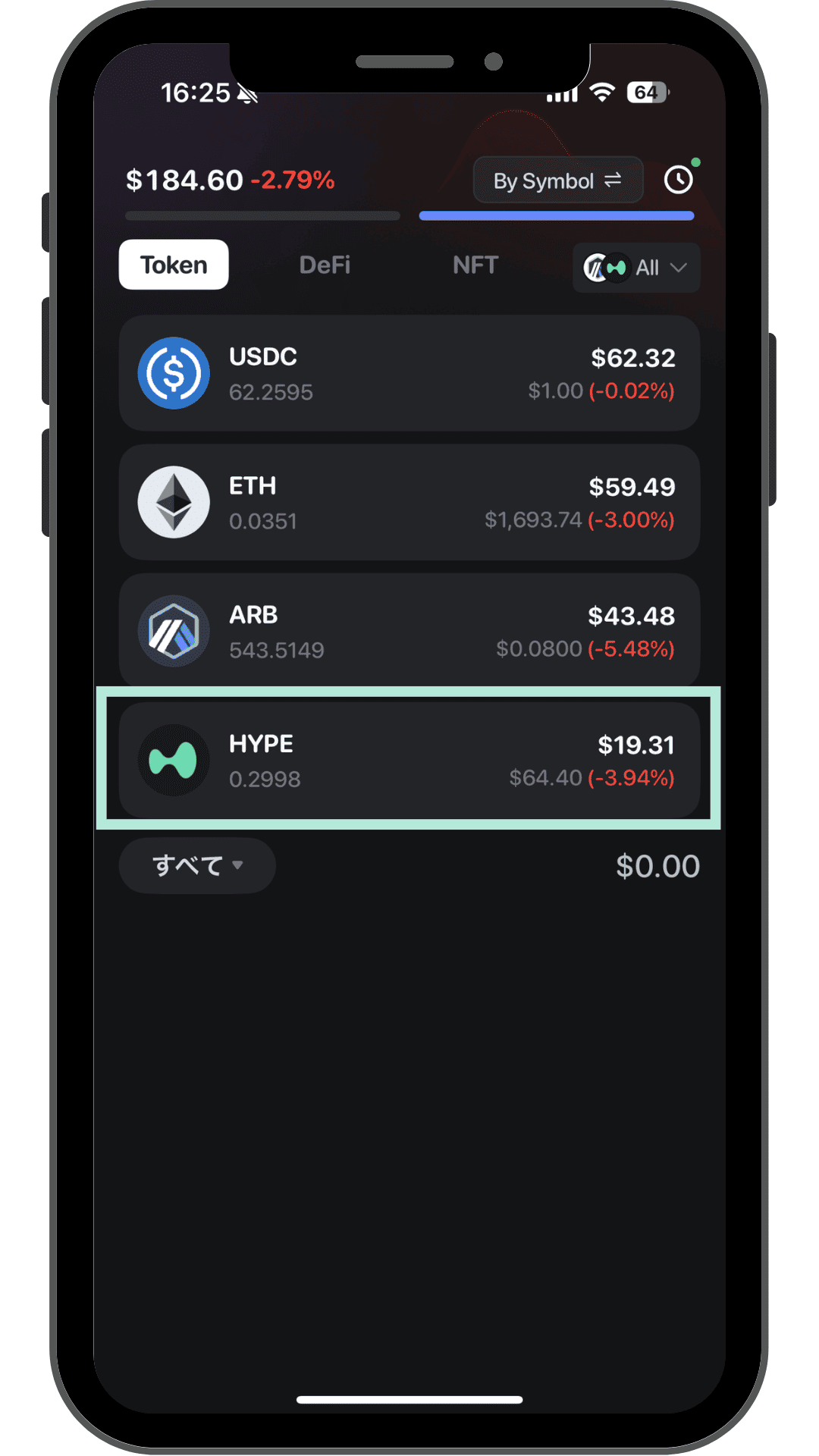 Rabbyウォレットのトークン一覧にHYPEが着金した画面