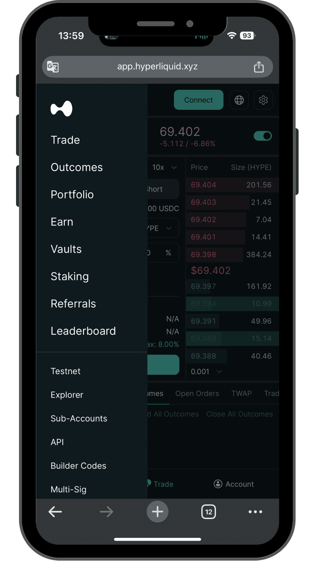 Hyperliquidのメニュー一覧 Trade・Portfolio・Vaults・Stakingなどの項目