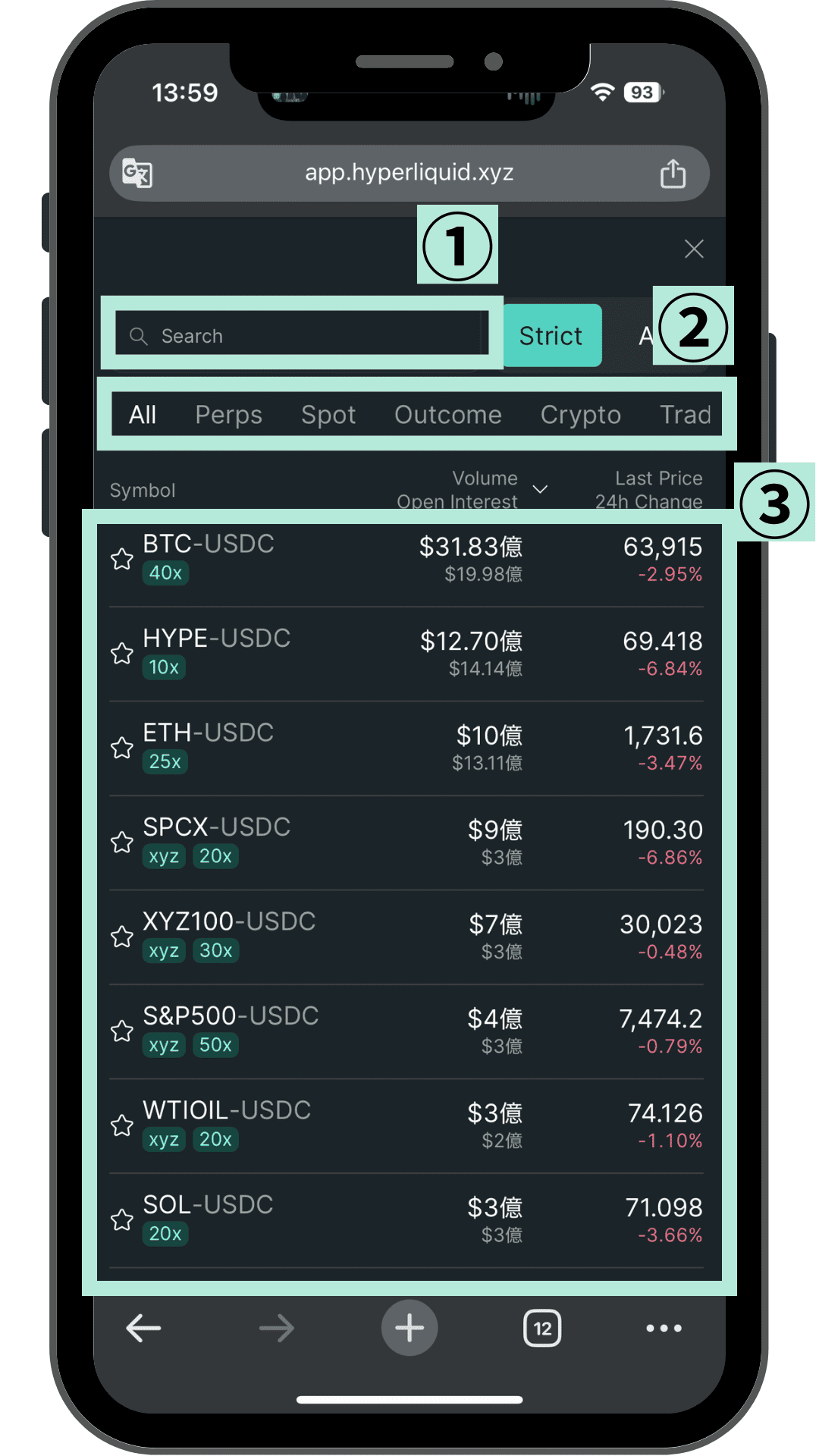 Hyperliquidの銘柄一覧 検索とBTC・HYPE・ETHなどの選択画面