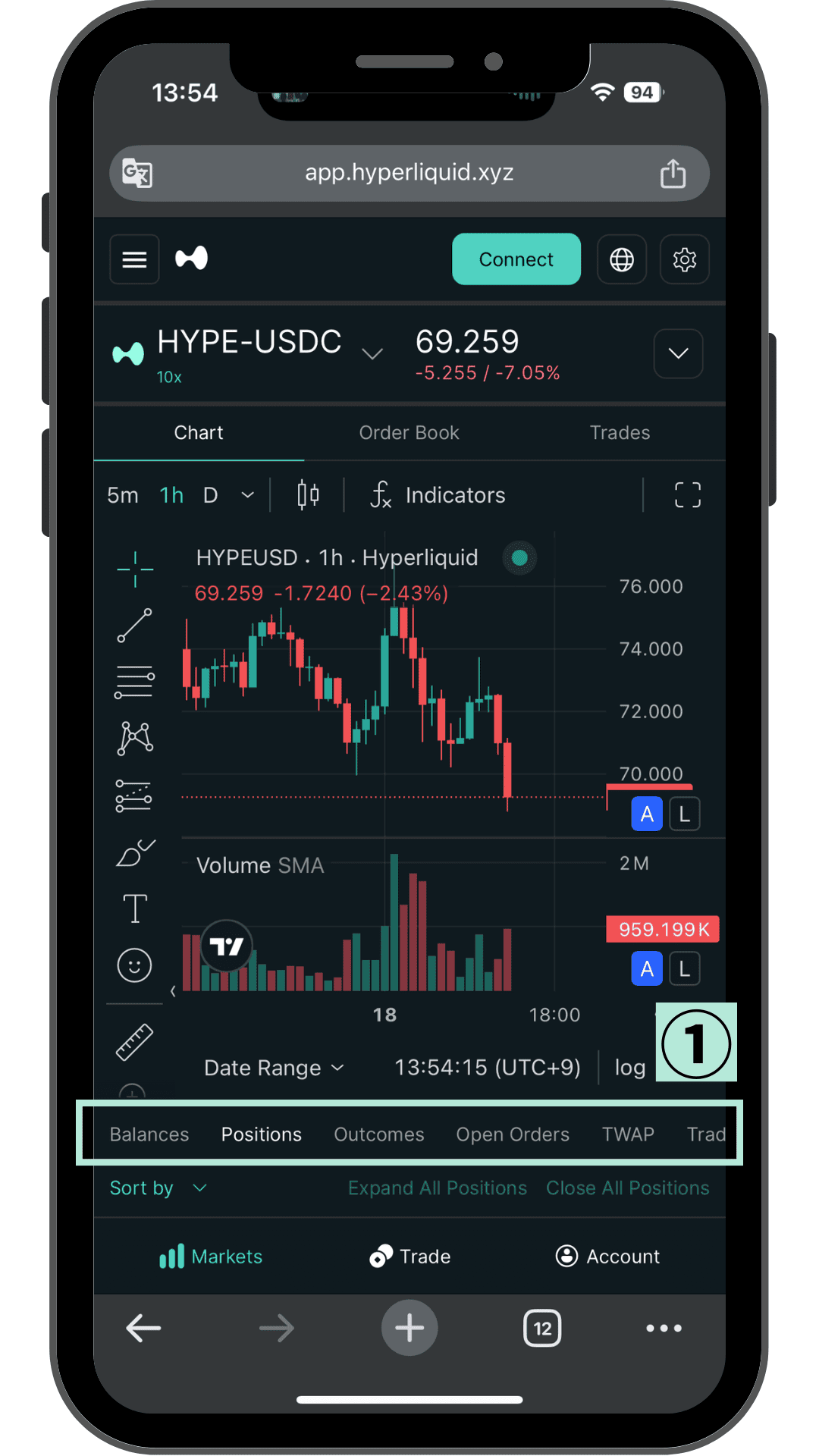 Hyperliquidの下部タブ Balances・Positions・Open Ordersなど