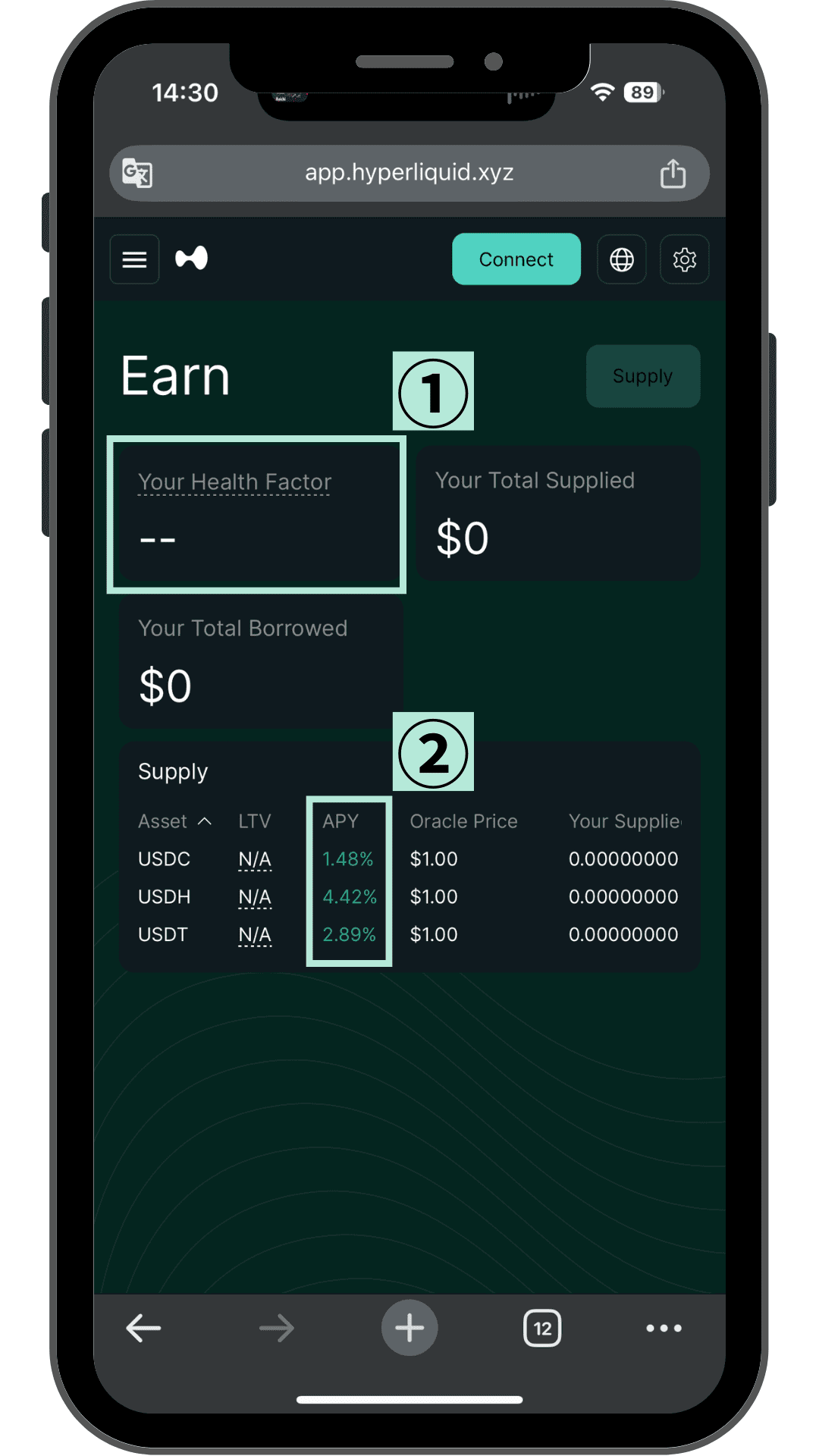 HyperliquidのEarn画面 Health FactorとUSDCなどのAPY