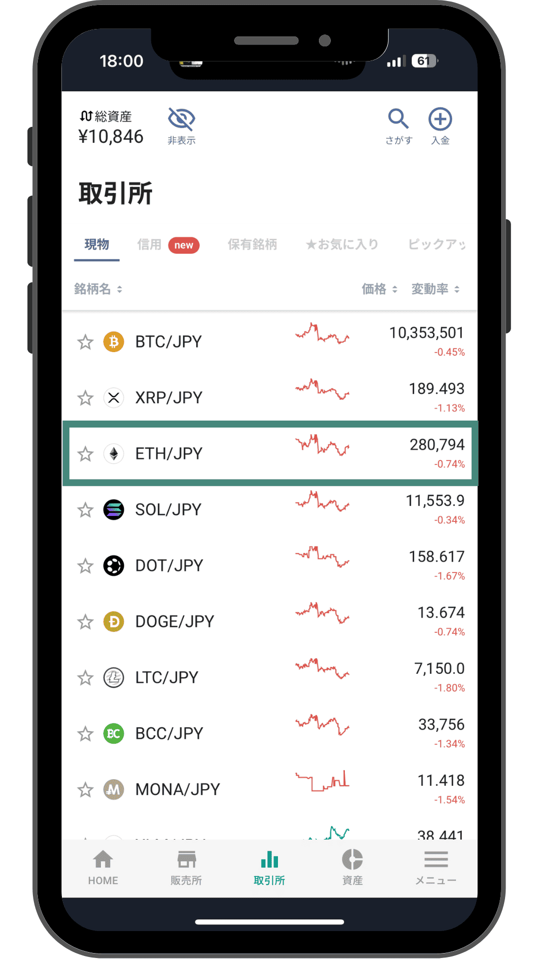 bitbank取引所の銘柄一覧でETH/JPYを選ぶ画面