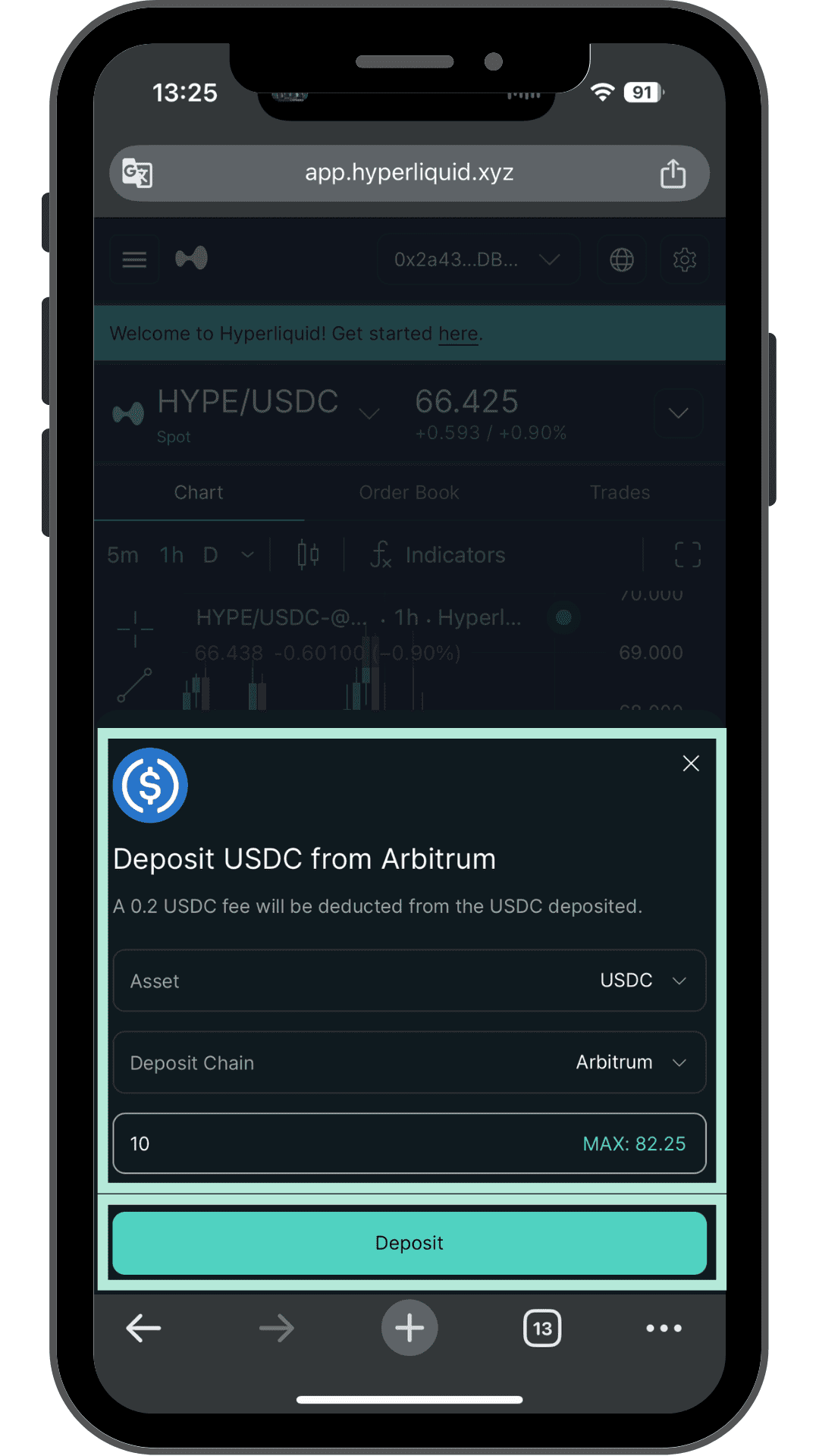 Deposit USDC from Arbitrumの入金画面