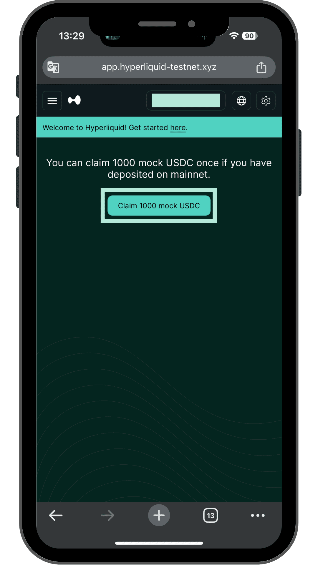 1000 mock USDCのClaim画面